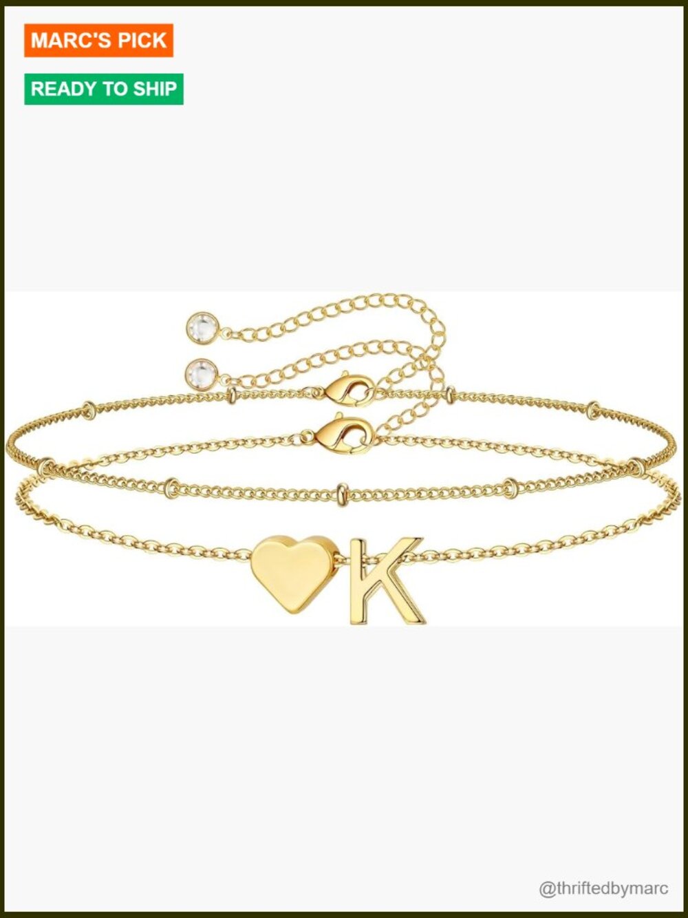 14K Gold Plated Heart Initial Charm Bracelet Dainty Adjustable Gift